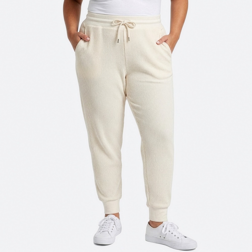 GAP Waffle Knit Joggers Cream Tall M High Waisted‎ Textured Lounge Pants Pastel